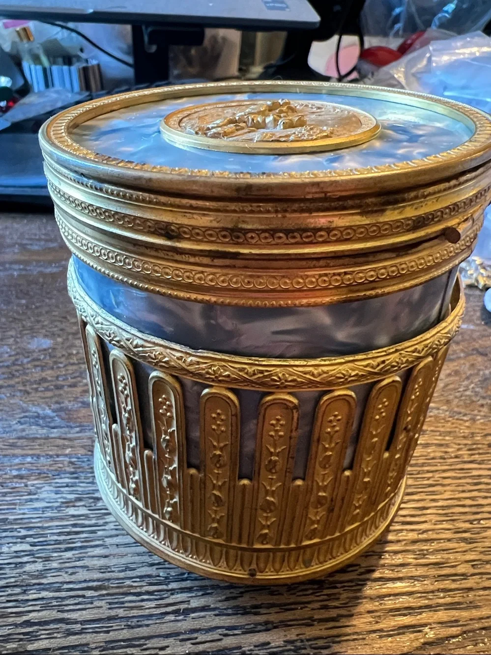 Antique French footed Round Gilt Powder Box Mirror music box guilloché enamel
